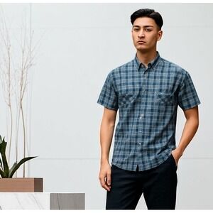 Ralph Lauren Men Bob Camp Shirt Blue Gray Plaid Short Sleeve Cotton Pocket Sz XL